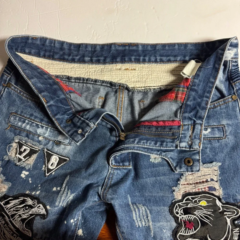 Mens Fashion Jeans Distressed Patches Air Force Panther‎ Eagle Blue Size 34